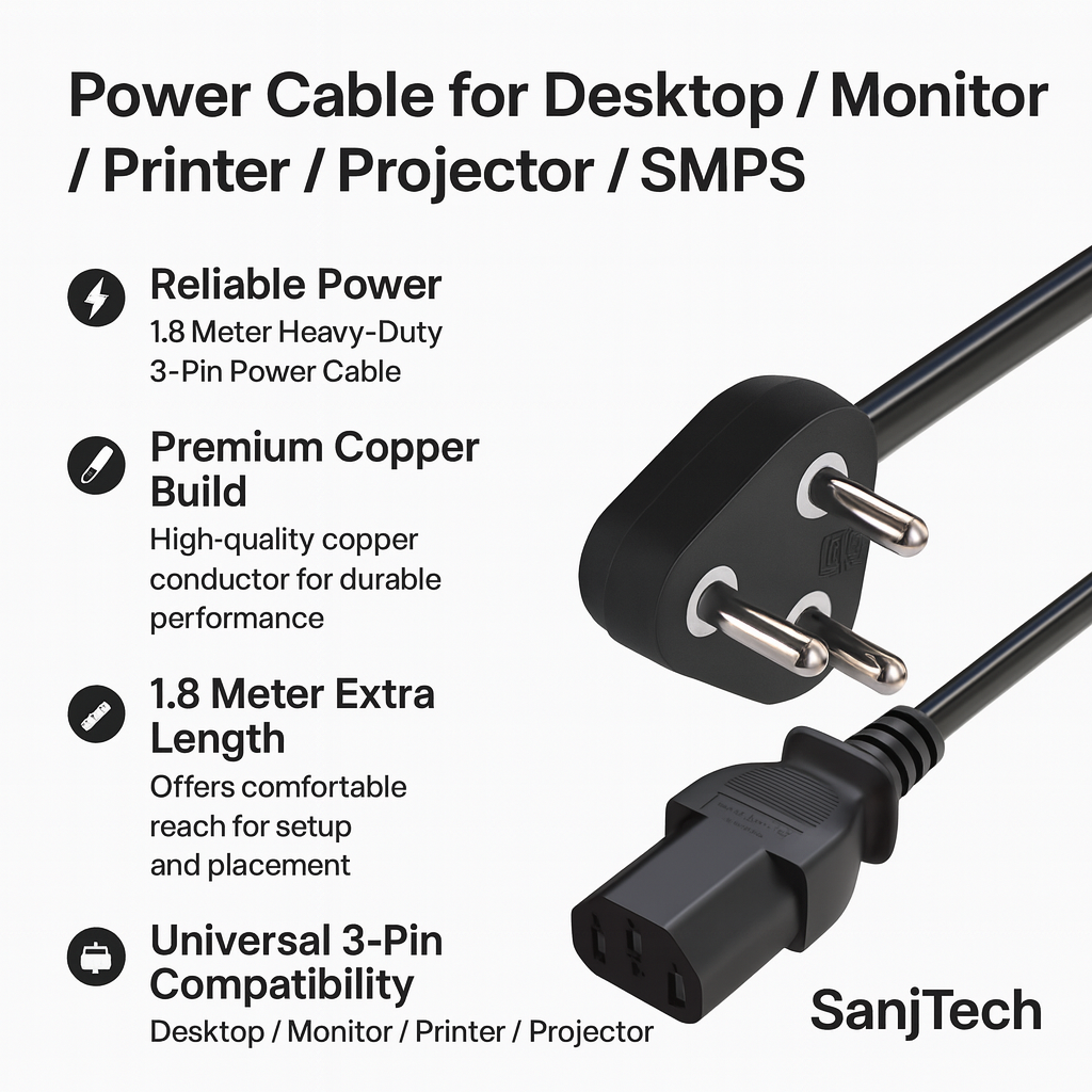 Power Cable for Desktop / Monitor / Printer / Projector / SMPS – 1.8 Meter Heavy Duty 3-Pin AC Power Cord