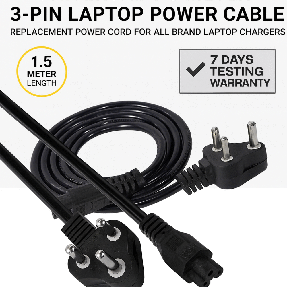 1.5 Meter 3-Pin Laptop Power Cable – Universal Replacement Power Cord for All Brand Laptop Chargers