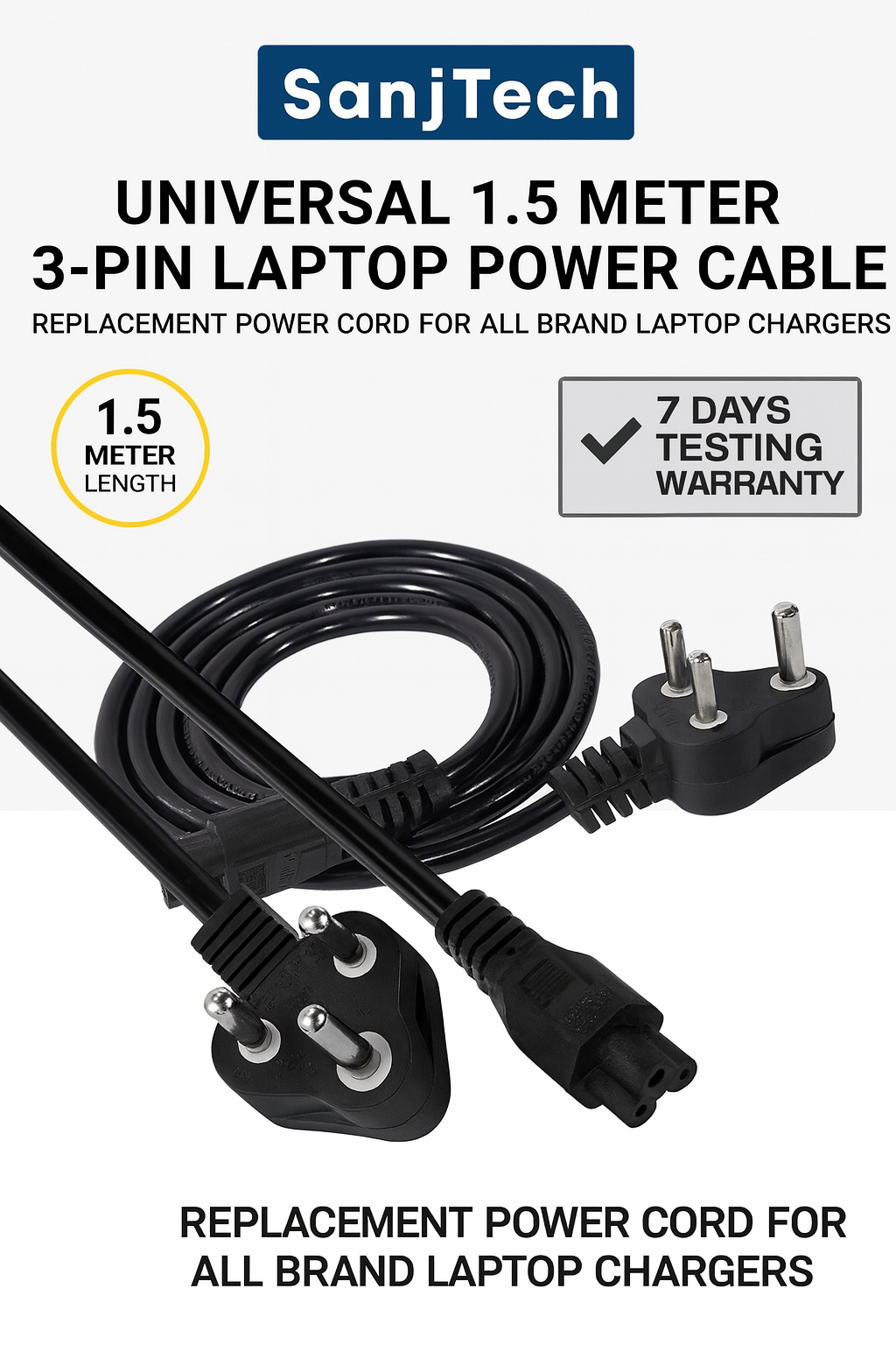 1.5 Meter 3-Pin Laptop Power Cable – Universal Replacement Power Cord for All Brand Laptop Chargers