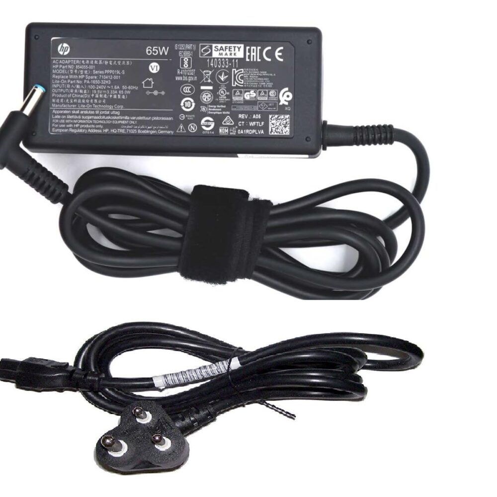 HP Original 65W AC Laptop Charger Adapter – Blue Pin 4.5x3.0mm, Compatible with HP Pavilion + Power Cable