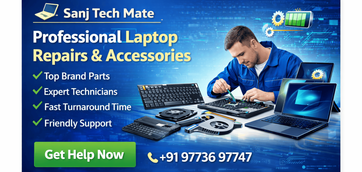 Home 2 Sanj Tech Mate laptop parts and accessories banner showing keyboard, battery, screen, charger and genuine replacement parts for HP, Dell, Lenovo, ASUS and Acer laptops