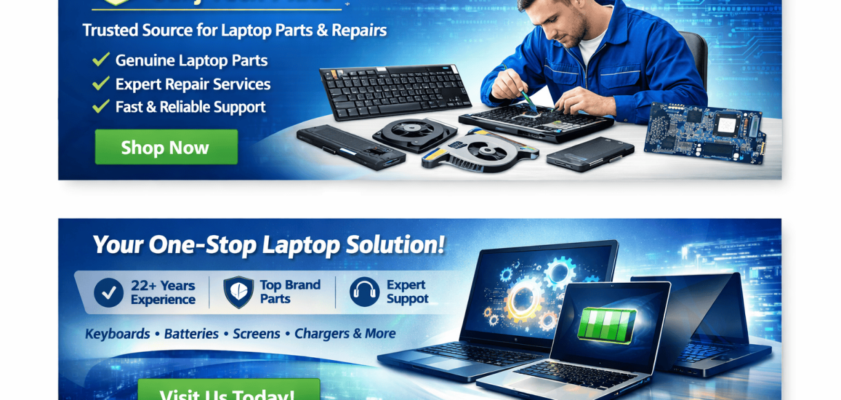 Home 3 Sanj Tech Mate laptop parts and accessories banner showing keyboard, battery, screen, charger and genuine replacement parts for HP, Dell, Lenovo, ASUS and Acer laptops